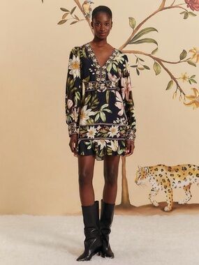 NEW Farm Rio Surreal Flowers Black Long Sleeve Belted Mini Dress size small